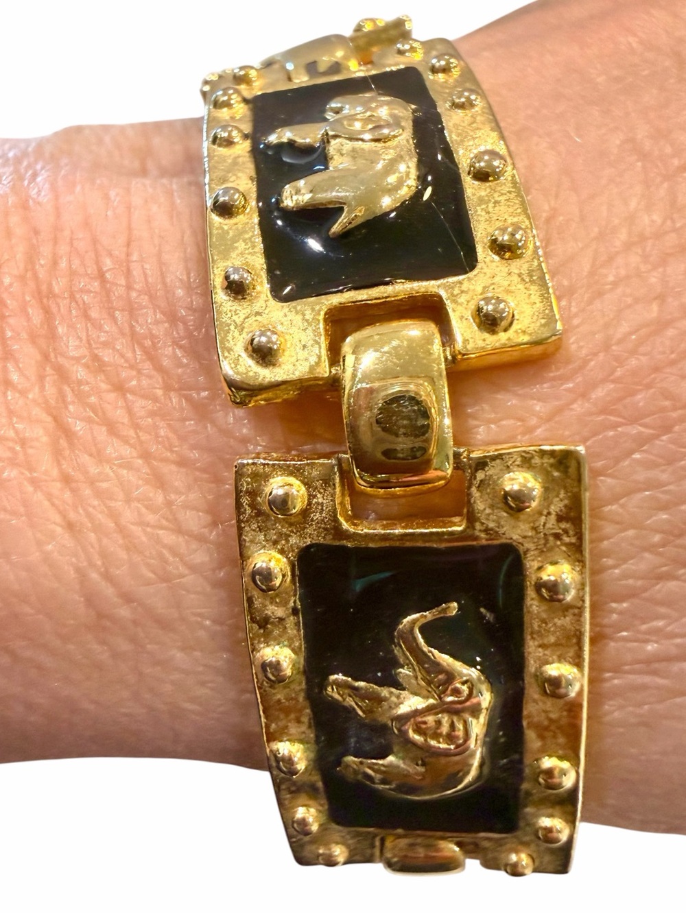 Vintage Art Deco Style Elephant Panel Link Bracelet Gold Tone Black Enamel Heavy